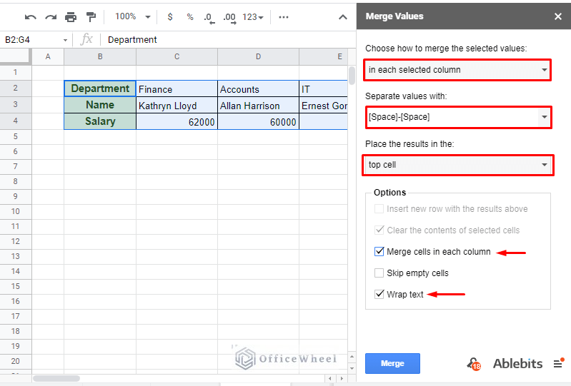 Merge rows conditions in Merge Values add-on