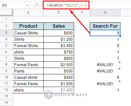 how to search within cell in google spreadsheet using SEARCH function