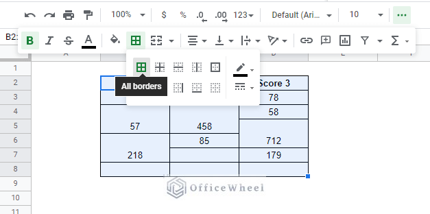 gridlines and borders showing the presence of merged cells in google sheets