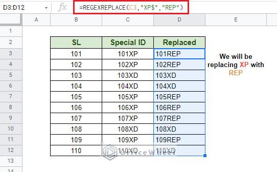 using REGEXREPLACE function to find and replace