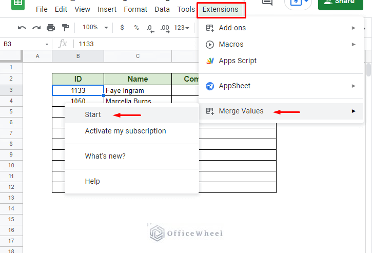 navigating to Merge Values from the Extension tab