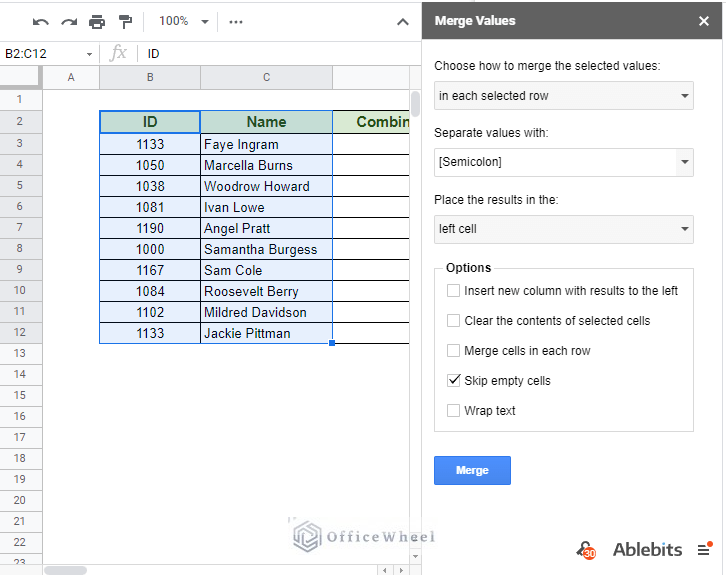 Merge Values menu