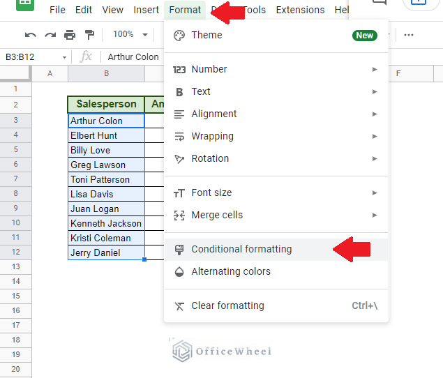 navigating to Conditional formatting menu