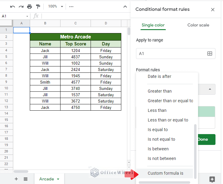 navigating to the Custom formula is option for conditional formatting