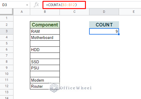 count non empty cells in google sheets using COUNTA function