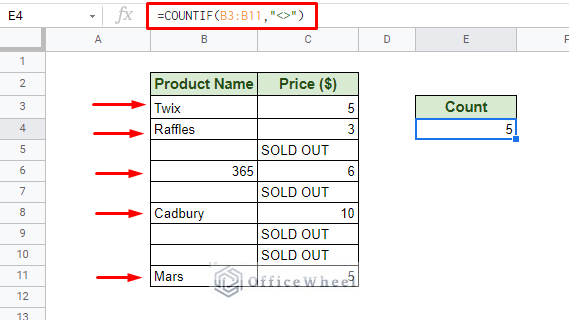 number counted with not-equal-to symbol for COUNTIF not blank in Google Sheets
