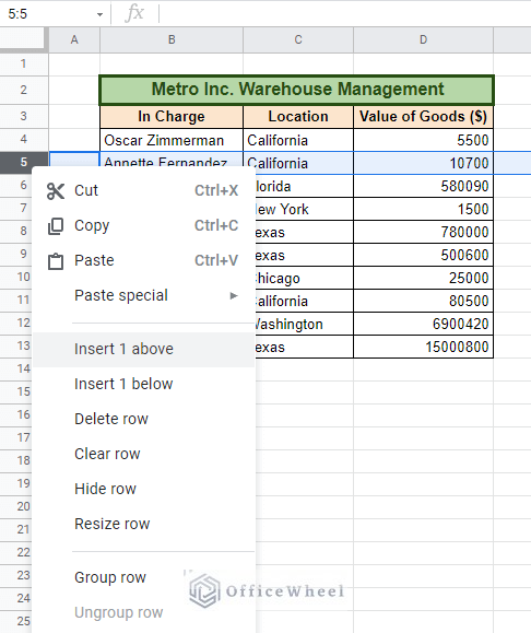right-click to insert row in Google Sheets