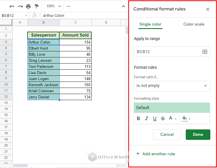 the Conditional format rules menu tray