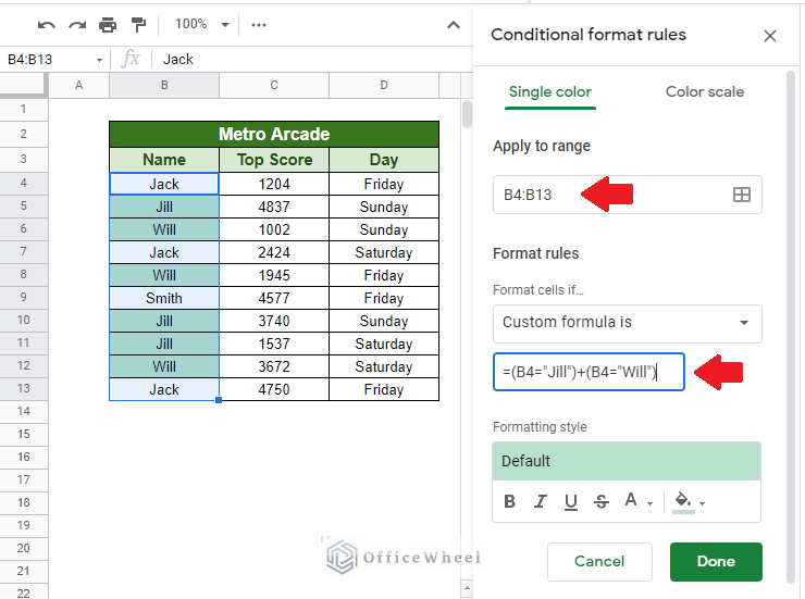 applying range and formula for conditional formatting custom formula multiple conditions in google sheets