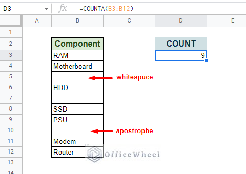 COUNTA also counts whitespaces and apostrophes