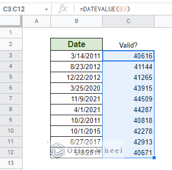 validity checked by DATEVALUE