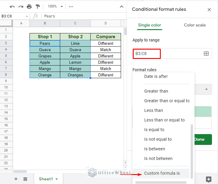 setting conditions for conditional formatting