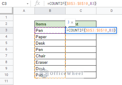 finalizing the COUNTIF function to count duplicates in google sheets