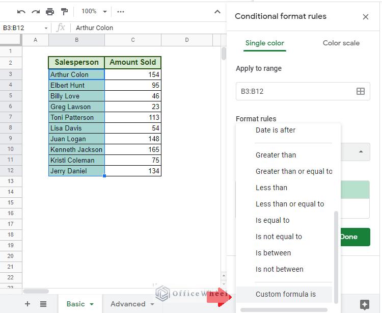 selecting Custom formula for conditional formatting based on another cell in Google Sheets
