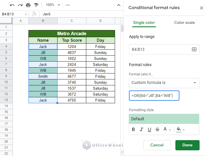 using OR function for conditional formatting custom formula multiple conditions in google sheets