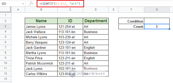 result of countif contains text in google sheets
