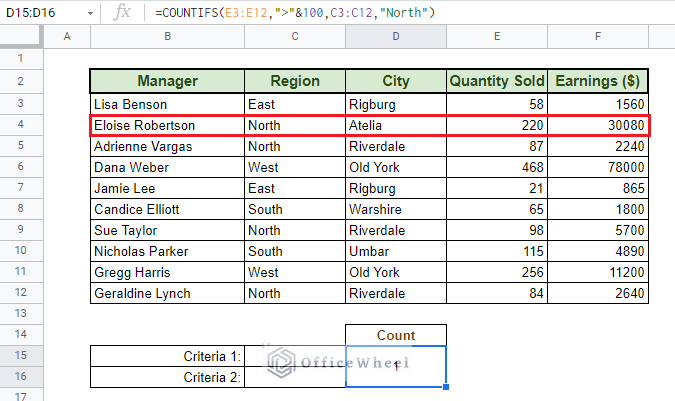 countif multiple criteria in google sheets result with COUNTIFS