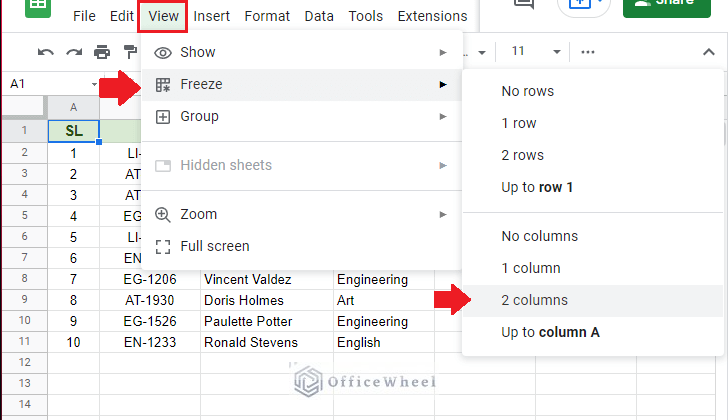 how to freeze columns in google sheets from the view tab