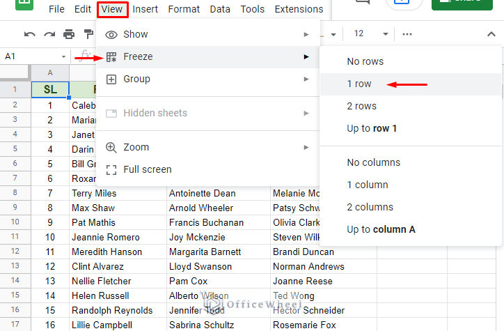 navigating View tab to freeze rows