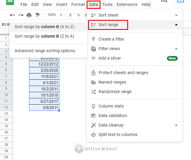 navigating to sort range from Data tab