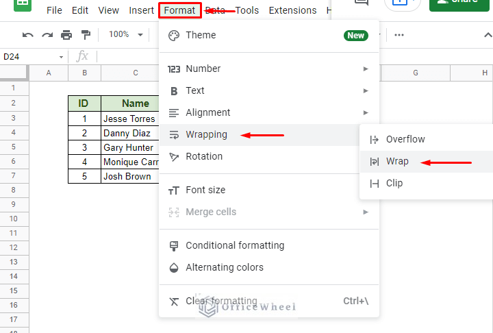 navigating to the Wrap option from the Format tab in Google Sheets