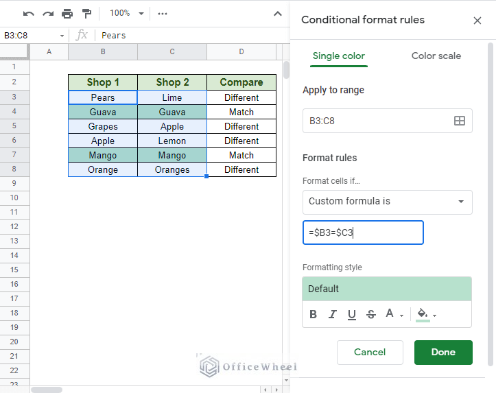 adding custom formula for comparing two columns in google sheets in conditional formatting