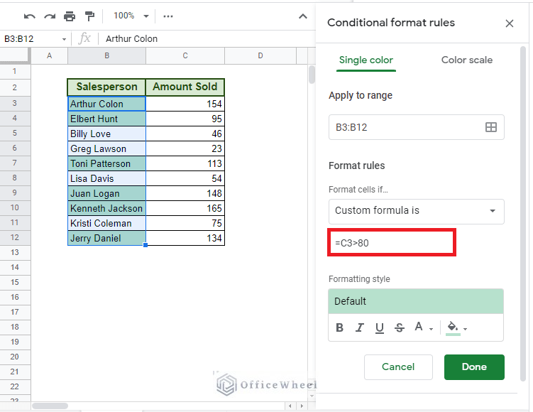 applying custom formula