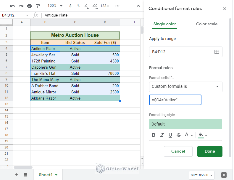 added custom formula to Change Row Color Based on Cell Value in Google Sheets 