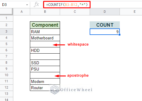 counting all non empty cells in google sheets using COUNTIF