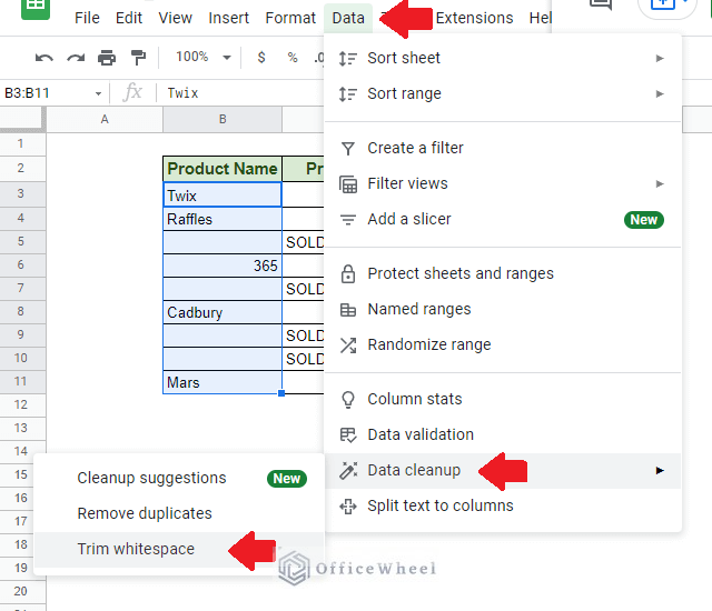 navigating to Trim whitespace in Google Sheets