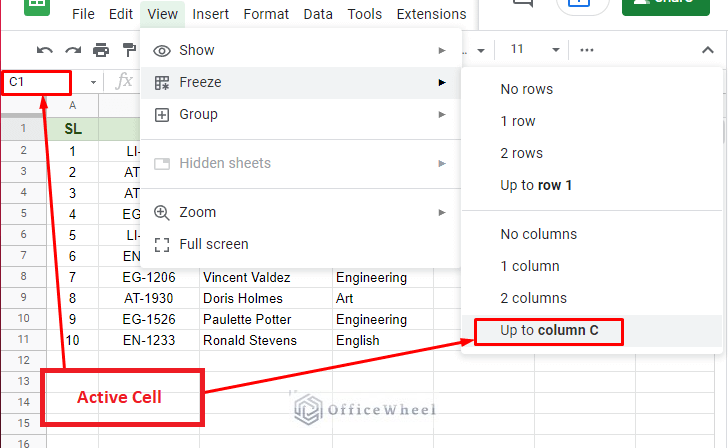 the active cell determines the range to freeze cells in google sheets