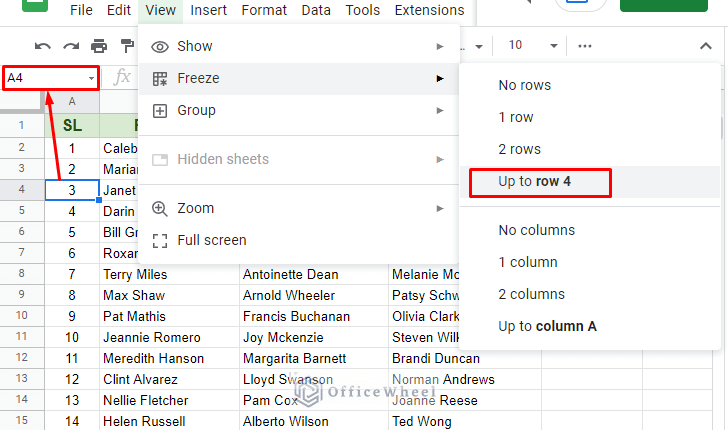 freeze rows according to the active cell