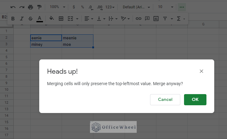 warning for merging cells with values in google sheets
