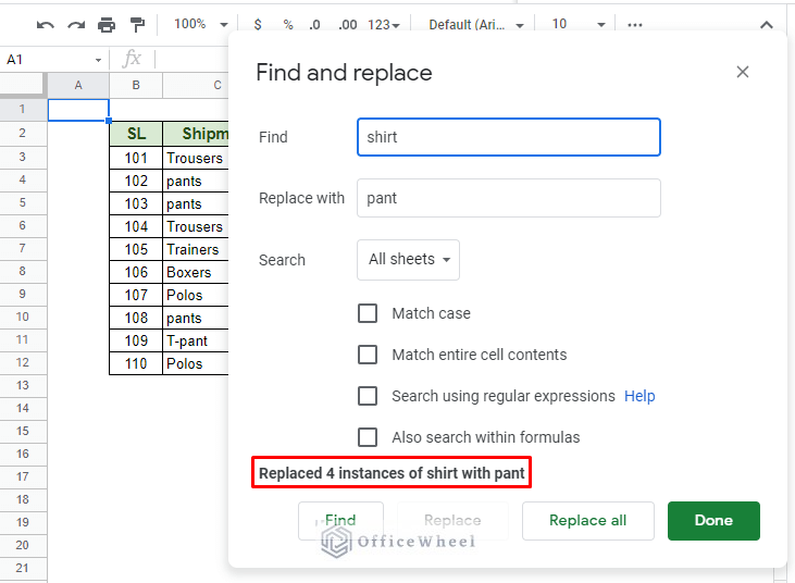 Result for find and replace all in google sheets