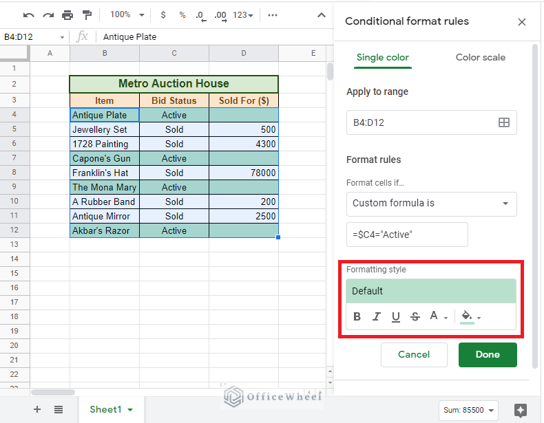 style format option for conditional formatting