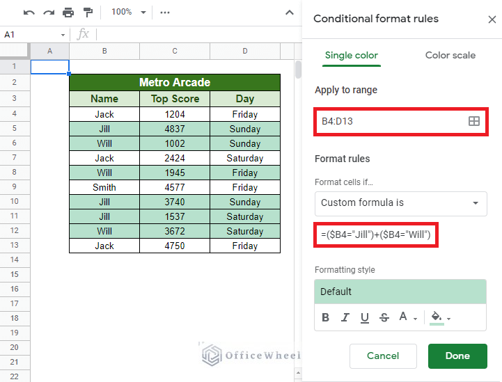 Formatting entire rows with conditional formatting
