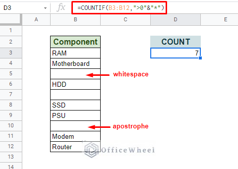 counting non empty cells without whitespace and apostrophe with COUNTIF