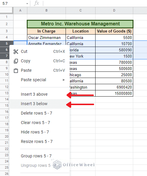 right-click option to insert multiple rows in Google Sheets