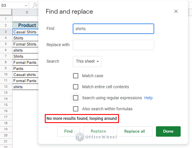message noting that the find cycle is complete - how to search in google spreadsheet