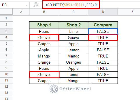 using countif to compare two columns in google sheets