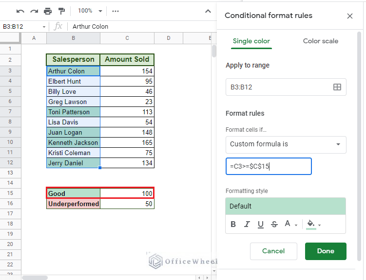 using cell reference for conditional formatting based on another cell in google sheets 