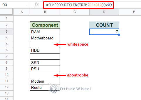 count non empty cells in google sheets with SUMPRODUCT formula
