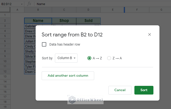 the sort range window with options for sort by column in google sheets