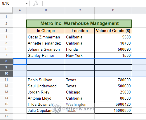 Newly inserted rows below in Google Sheets