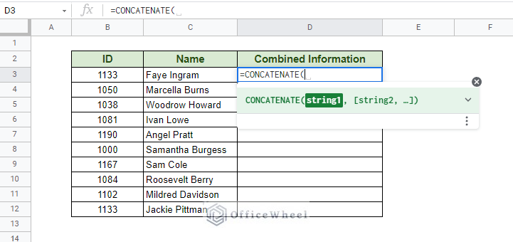 applying the CONCATENATE function