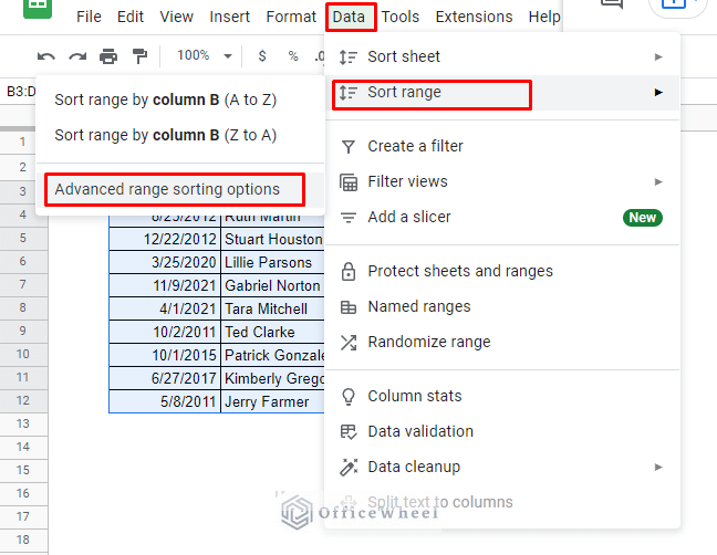 navigating to Advanced range sorting options