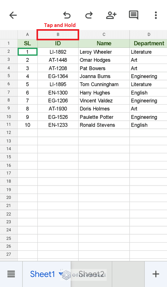 tap and hold column header