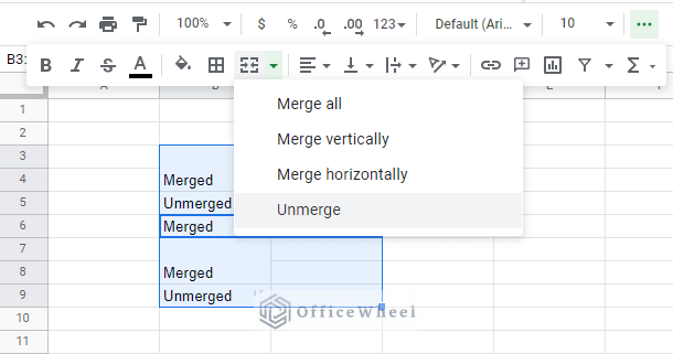 how to unmerge cells in google sheets from toolbar