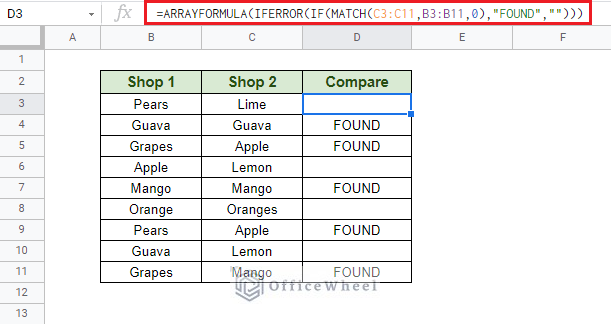 array output for comparing two columns in google sheets