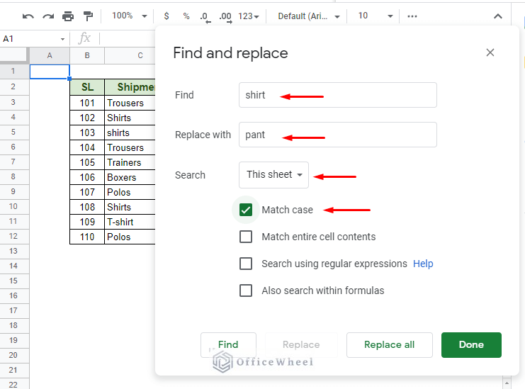 conditions applied for find and replace in google sheets